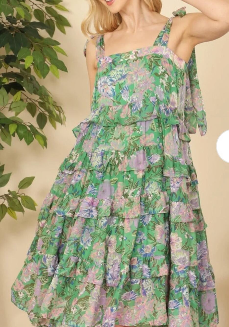 Olivaceous Floral Print Sleeveless Tie Shoulder Tiered Midi Dress Green Small